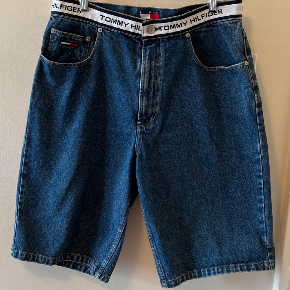 VTG Tommy Hilfiger Denim Shorts | Tommy Hilfiger Spell Out Logo Waistban…